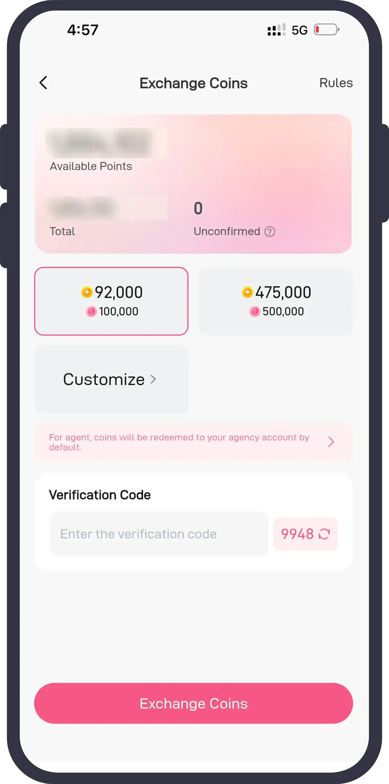Screenshot of the points exchange screen