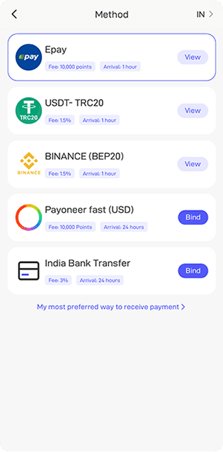 Screenshot of the payout method list