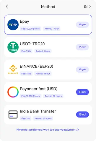 Screenshot of the payout method list